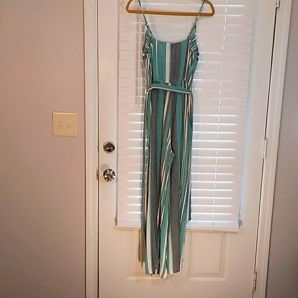 A.n.a Boho Strip Linen Blend Green White Spaghetti Strap Jumpsuit Romper Size S - Picture 4 of 11
